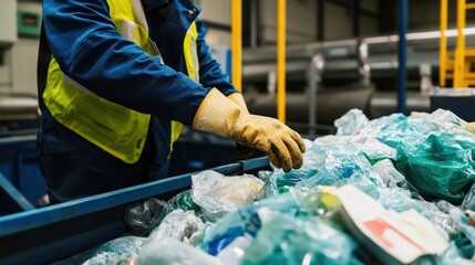 A worker separates recyclable plastic materials in a waste management facility, emphasizing the importance of recycling and sustainability.