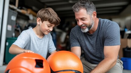 A father and his son are bonding in a garage while preparing sports equipment, showcasing a warm familial relationship and shared interests in physical activities.