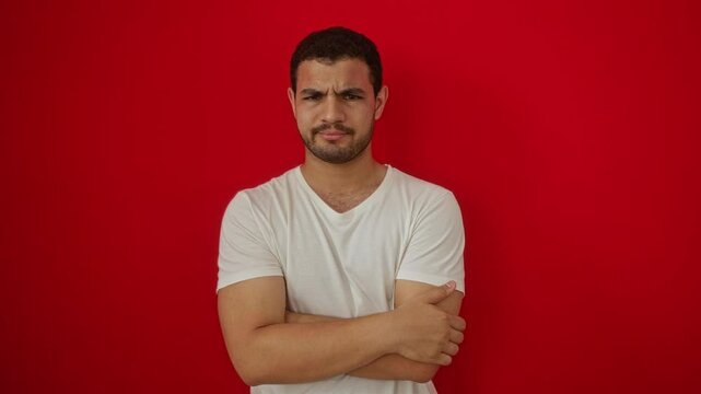 Young hispanic man wearing a white t-shirt, standing with crossed arms, showing a skeptic and nervous expression on his disapproving face over an isolated red background