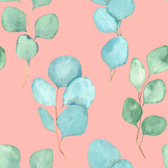 Watercolor seamless pattern with eucalyptus branches, hand drawn, for textile, wallpaper, scrapbook, wrapping.