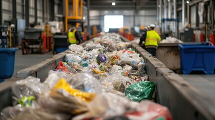 A busy recycling facility with workers sorting a large pile of mixed waste materials on a conveyor belt.