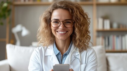 A smiling female doctor with curly hair and glasses holds her phone in a cozy, stylish home office, symbolizing work-life balance in the healthcare profession.