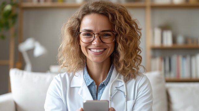 A smiling female doctor with curly hair and glasses holds her phone in a cozy, stylish home office, symbolizing work-life balance in the healthcare profession.