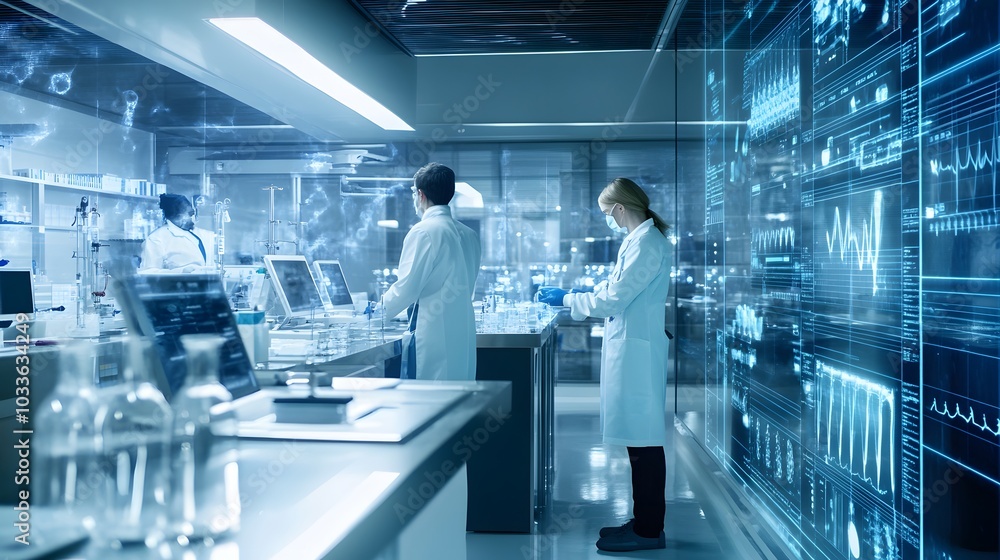 Poster scientists in a modern laboratory working with advanced technology
