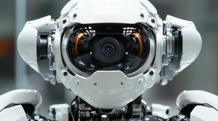 Fototapeta premium A close-up of a humanoid robot's head showcasing its camera-like eyes and sleek design.