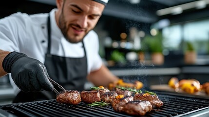 A chef is focused on grilling meat over open flames in an outdoor setting, demonstrating professionalism in cooking techniques and creating gastronomic pleasures.