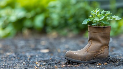 Creative gardening with a rustic boot planter outdoors