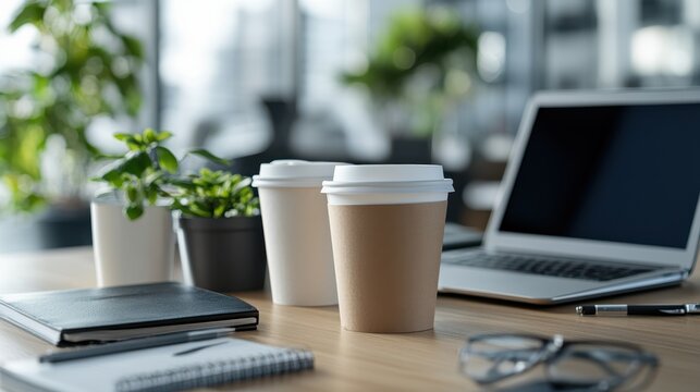 A contemporary office workspace featuring a laptop alongside takeaway coffee cups and potted plants, epitomizing a balanced and productive modern work environment.