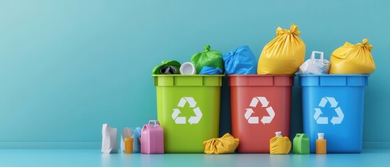 Colorful recycling bins filled with waste, promoting eco-friendly practices and waste management in a modern setting.
