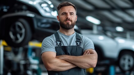 A strong, confident mechanic stands with crossed arms in a workshop, surrounded by vehicles, showcasing expertise and reliability in automotive work.