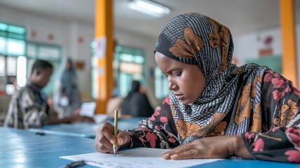 Somali refugee woman completing medical forms in aid center