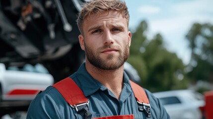 A rugged mechanic in red overalls stands outdoors confidently, showcasing his strength and reliability. The image conveys determination and hands-on expertise.