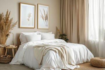 sleek bordered frame mockup on wooden side table next to bed, border of the frame mockup is slim, flowing curtains, white and beige color theme