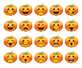 Cartoon 3d pumpkin faces expression icons set. Vector illustration with collection of orange smiling pumpkins on white background