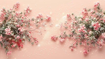 Obraz premium Pastel pink flowers blooming on leafy branches suspended in a dreamy soft focus floral backdrop with a vintage romantic vibe The image features a lush delicate and feminine aesthetic with a peaceful