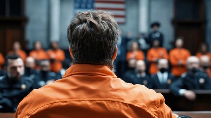Fototapeta premium A man in an orange jumpsuit stands in a courtroom, viewed from behind, facing a courtroom full of an audience and the American flag, conveying a sense of judgment.