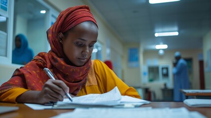 Young somali refugee woman completing medical forms in a clinic setting
