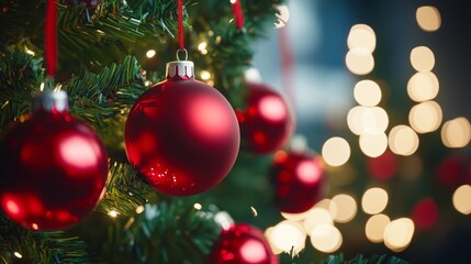 Obraz premium A close-up of red Christmas ornaments on a tree, with soft lights in the background, evoking holiday spirit.