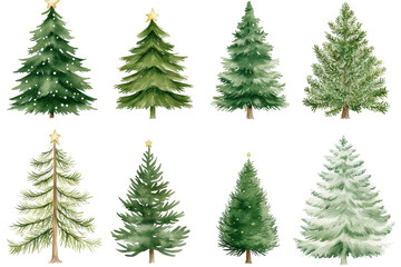 Obraz premium Watercolor illustration of different green Christmas trees, isolated on white, perfect for holiday design. 