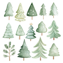 Watercolor illustration of different green Christmas trees, isolated on white, perfect for holiday design.
