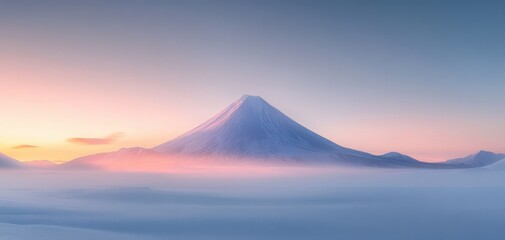 A mountain covered in snow and fog with a pink sky in the background