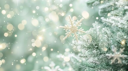 Enchanting winter landscape with a snow covered fir tree branch and delicate sparkling snowflakes against a blurred bokeh background  Festive cozy and peaceful Christmas or holiday atmosphere