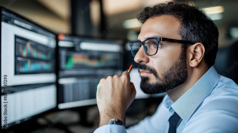 Aufkleber a man in glasses is deeply concentrated on multiple screens displaying stock market data and graphs 