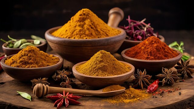 A vibrant display of Indian spices like turmeric, cumin, coriander, and red chili powder, arranged on a rustic wooden platter with traditional bowls and spoons.