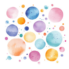 Watercolor circles in various colors, isolated on white, ideal for creative backgrounds or abstract designs.
