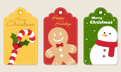 Set of paper christmas tags labels with flat style elements of candy cane, gingerbread, and snowman. Vector illustration of christmas tags.