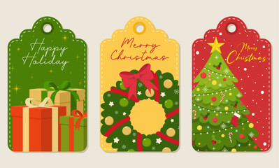 Set of paper christmas tags labels with flat style elements of gifts, wreath, and christmas tree. Vector illustration of christmas tags.