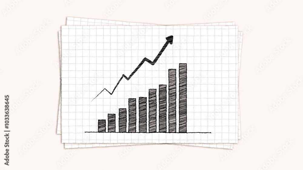 Poster growing bar chart with arrow on paper sheet sketch style animation. business organic growth and prog