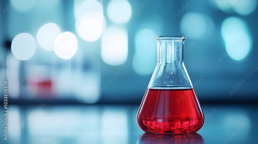 Aufkleber a single erlenmeyer flask filled with red liquid on a reflective surface