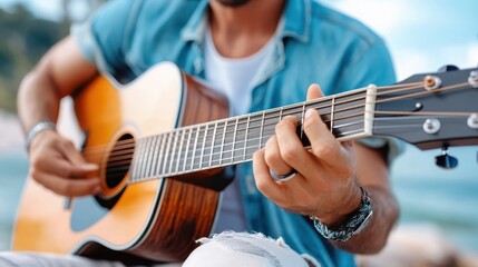 A casually dressed individual strums an acoustic guitar by a serene waterside, embodying relaxation and tranquility in the moment against a bright background.