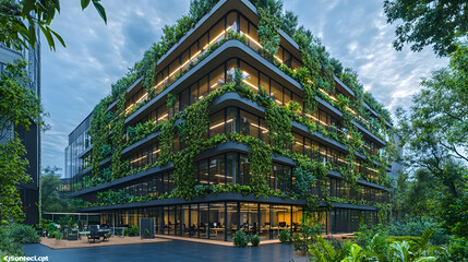 Naklejka premium A modern office building with balconies covered in greenery, bringing nature into the workspace