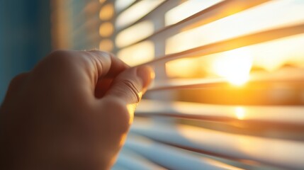 A hand gently pulls open window blinds to reveal a bright, golden sunrise, symbolizing a fresh start and new beginnings with warm sunlight spilling into the room.