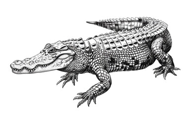 Obraz premium Crocodile monochrome sketch, alligator etching isolated illustration. Black and white animal drawing