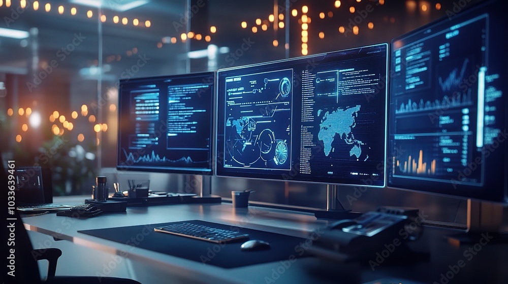 Poster high-tech workspace with multiple monitors displaying data