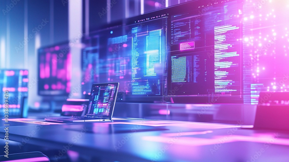 Poster futuristic workspace with digital displays and coding data