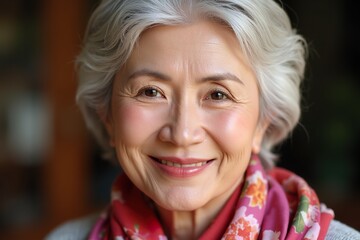 Fototapeta premium Smiling Senior Woman in Red Floral Scarf