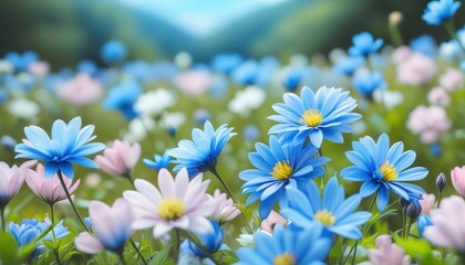 landscape with a field of blue flowers against a blue sky