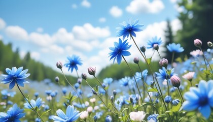 landscape with a field of blue flowers against a blue sky
