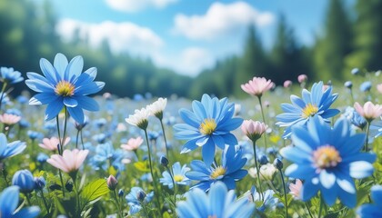 landscape with a field of blue flowers against a blue sky
