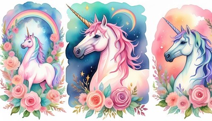 Fairytale unicorn in a flower field drawn in pastel colors