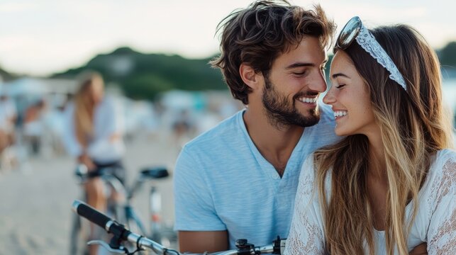 A happy couple enjoys a sunny day on the beach, leaning affectionately on their bicycles. Their smiles and relaxed postures suggest a carefree and joyful moment together.