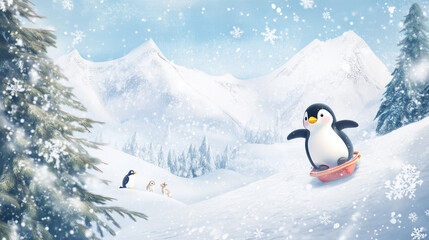 Fototapeta premium Penguin Sledding Down Snowy Mountain Surrounded By Snowflakes And Winter Landscape