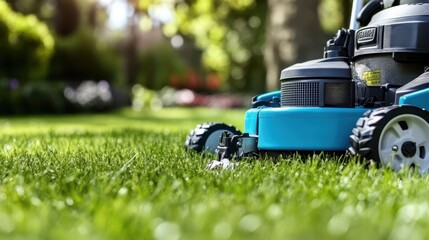 A blue lawn mower is in use, trimming a grassy lawn under the bright sun, illustrating the care taken in maintaining a well-kept, colorful garden environment.