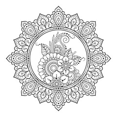 Circular pattern in form of mandala with flower for Henna, Mehndi, tattoo, decoration. Decorative ornament in ethnic oriental style. Outline doodle hand draw vector illustration.