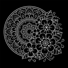 Circular pattern in form of mandala with flower for Henna, Mehndi, tattoo, decoration. Decorative ornament in ethnic oriental style. Outline doodle hand draw vector illustration.