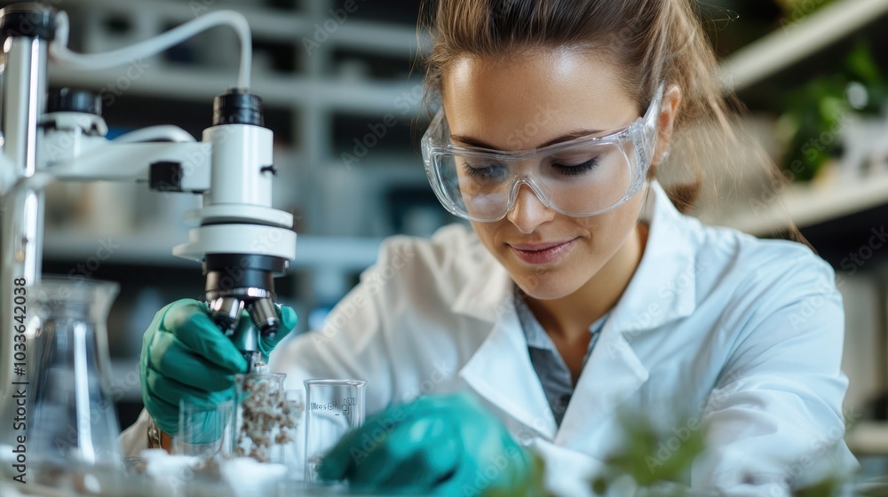 Poster a female scientist in goggles conducts experiments using a microscope, demonstrating precision and d